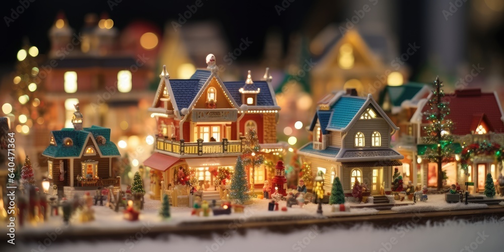 Winter Christmas town tilt-shift Miniature faking. Merry Christmas and Happy New Year. Festive bright beautiful background.