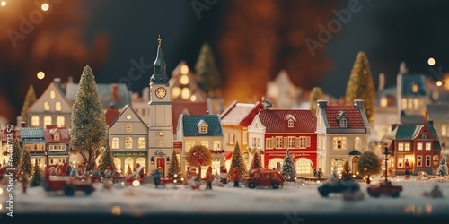 Winter Christmas town tilt-shift Miniature faking. Merry Christmas and Happy New Year. Festive bright beautiful background.