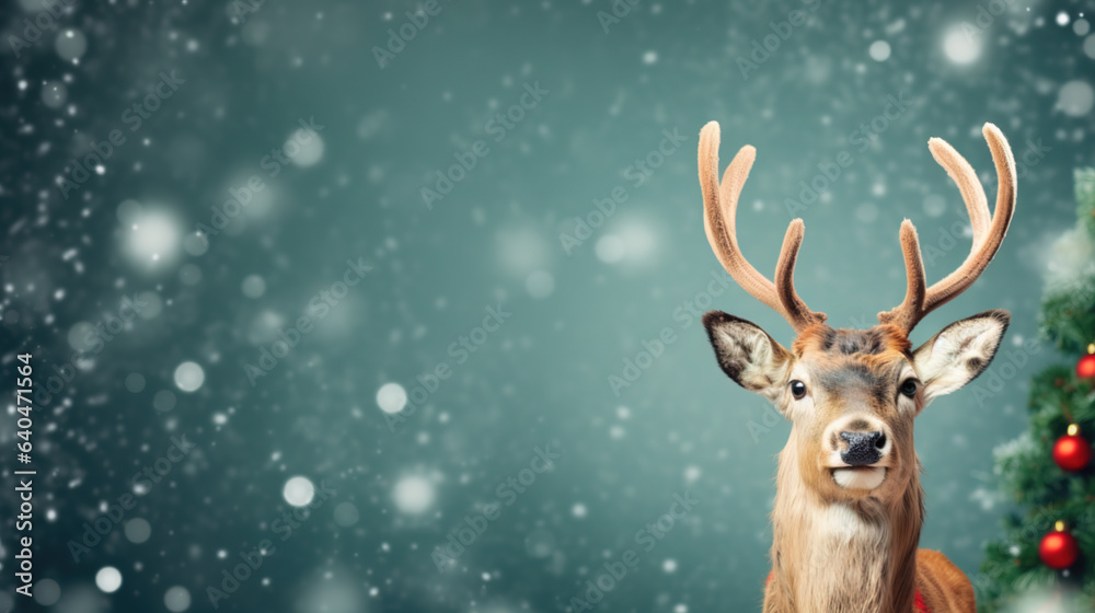 A deer with christmas decorations in a winter wonderland. Christmas card. A deer with christmas decorations in a winter wonderland. Christmas card.