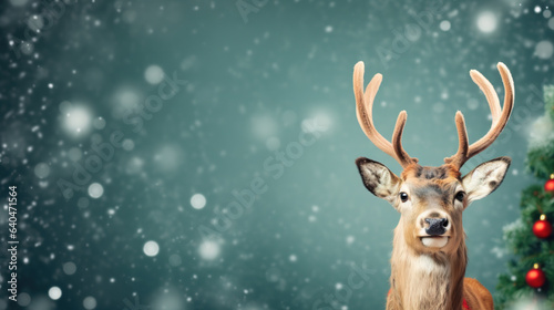 A deer with christmas decorations in a winter wonderland. Christmas card.