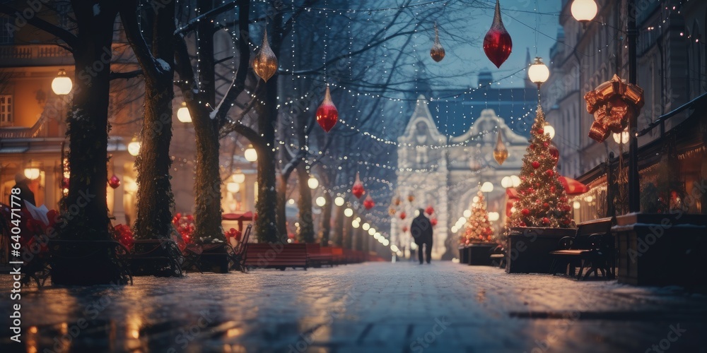 Winter Christmas town blur Effect Miniature faking. Merry Christmas and Happy New Year. Festive bright beautiful background.