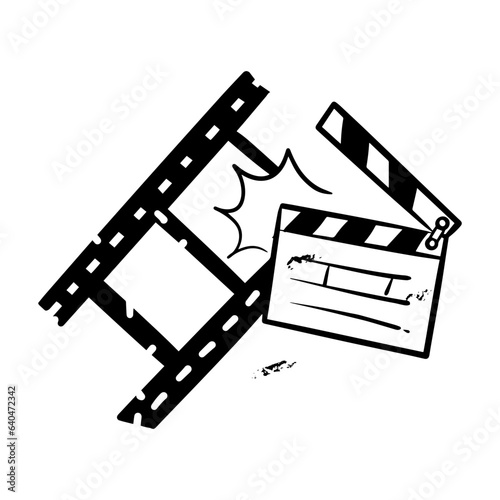 Movie clapperboard doodle icon. The board clap to start the video clip scene.