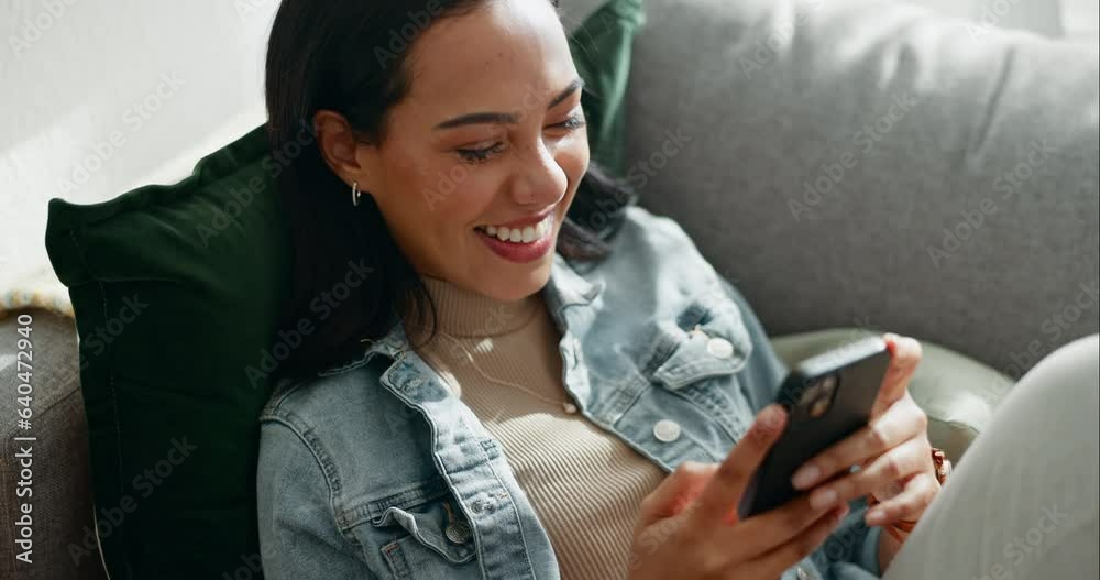 Woman, laugh and typing with phone on sofa, scroll social media or reading funny notification from home. Smartphone user, meme and search website, download digital app and mobile games in living room