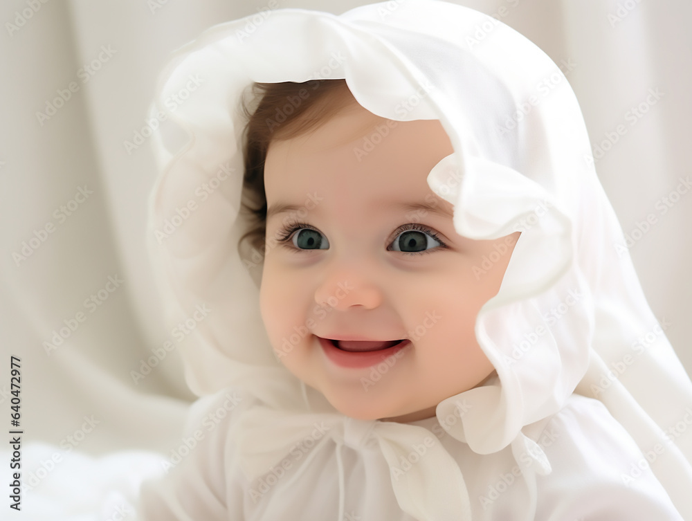 large portrait of a 1 year old baby girl. She is dressed in christening