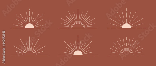 Boho style linear sunrise and sunset collection. Terracotta starbursts design elements. Bohemian decorative ornamental shapes set for badge, icon, card, poster, banner, emblem, label. Vector pack
