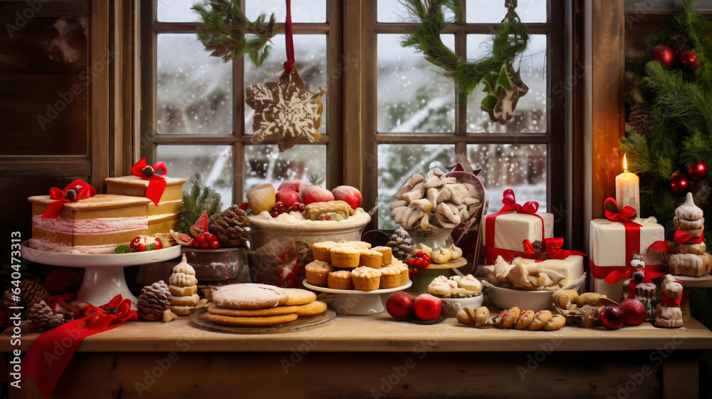 Indulge in an array of Christmas cakes and sweet treats, beautifully displayed on a table in front of a snowy window. Curated by Generative AI.