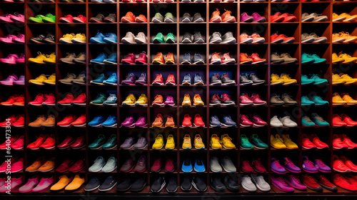 Discover over 75 sets of vibrant, multi-colored sports shoes, impeccably displayed on shelves. Elevate your athletic game with Generative AI. photo