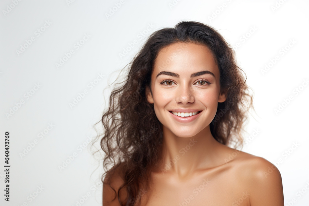 Portrait of a smiling young woman with good health glowing skin and positivity standing and looking at the camera on white background. Portrait of a smiling young woman with good health glowing skin and positivity standing and looking at the camera on white background.