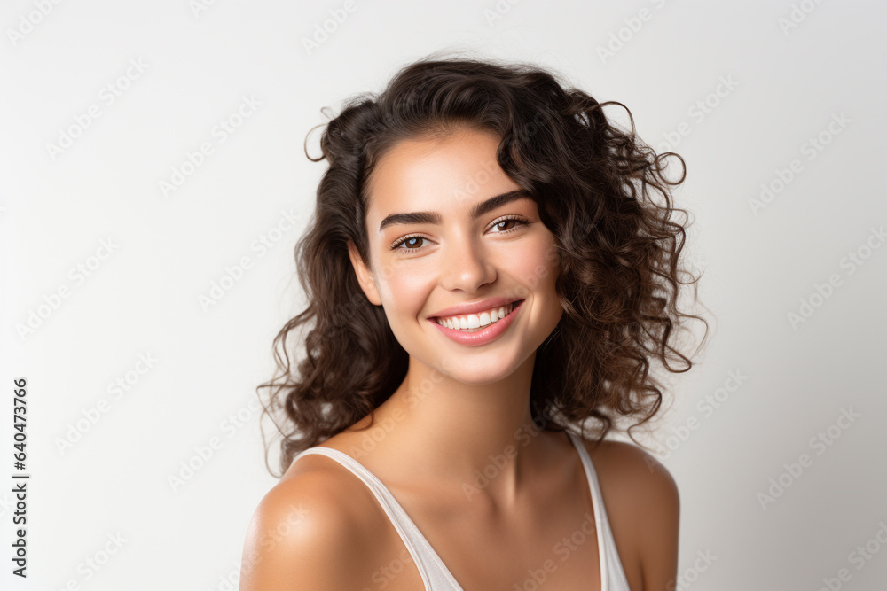 Portrait of a smiling young woman with good health glowing skin and positivity standing and looking at the camera on white background. Portrait of a smiling young woman with good health glowing skin and positivity standing and looking at the camera on white background.