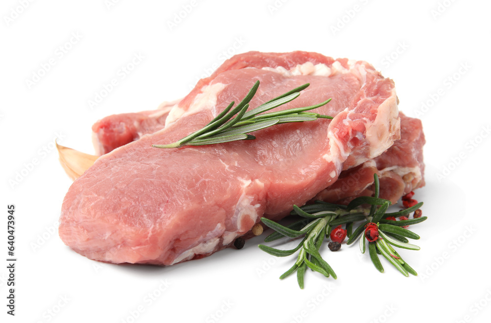 Fresh raw meat with rosemary and spices isolated on white Fresh raw meat with rosemary and spices isolated on white