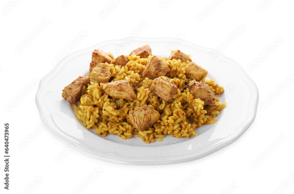 Plate of delicious rice with chicken isolated on white Plate of delicious rice with chicken isolated on white