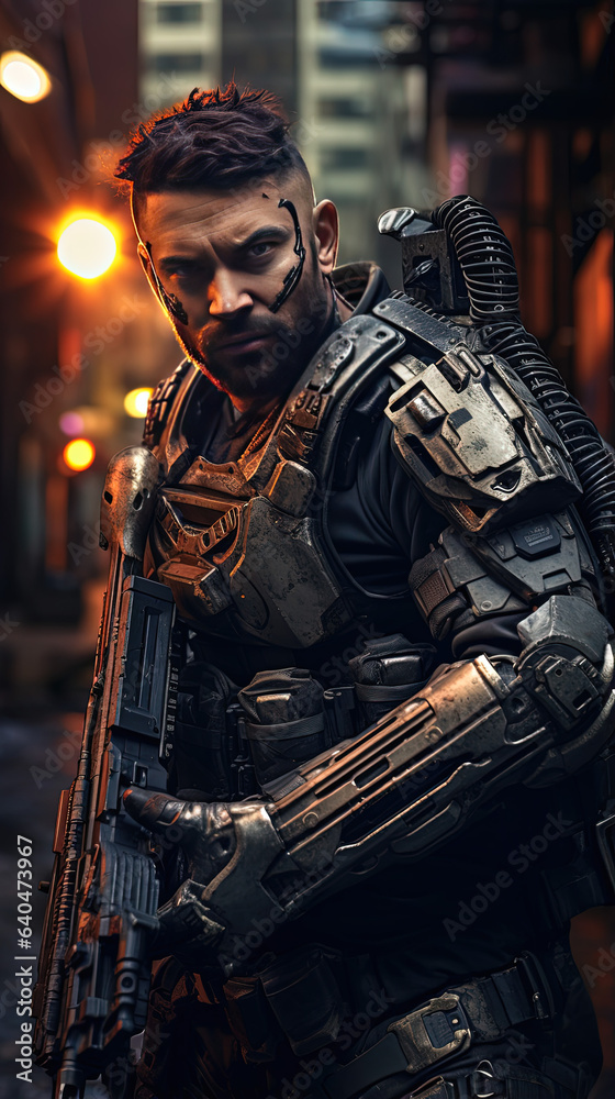 a soldier holding a rifle, special forces, futuristic, ruined city background.