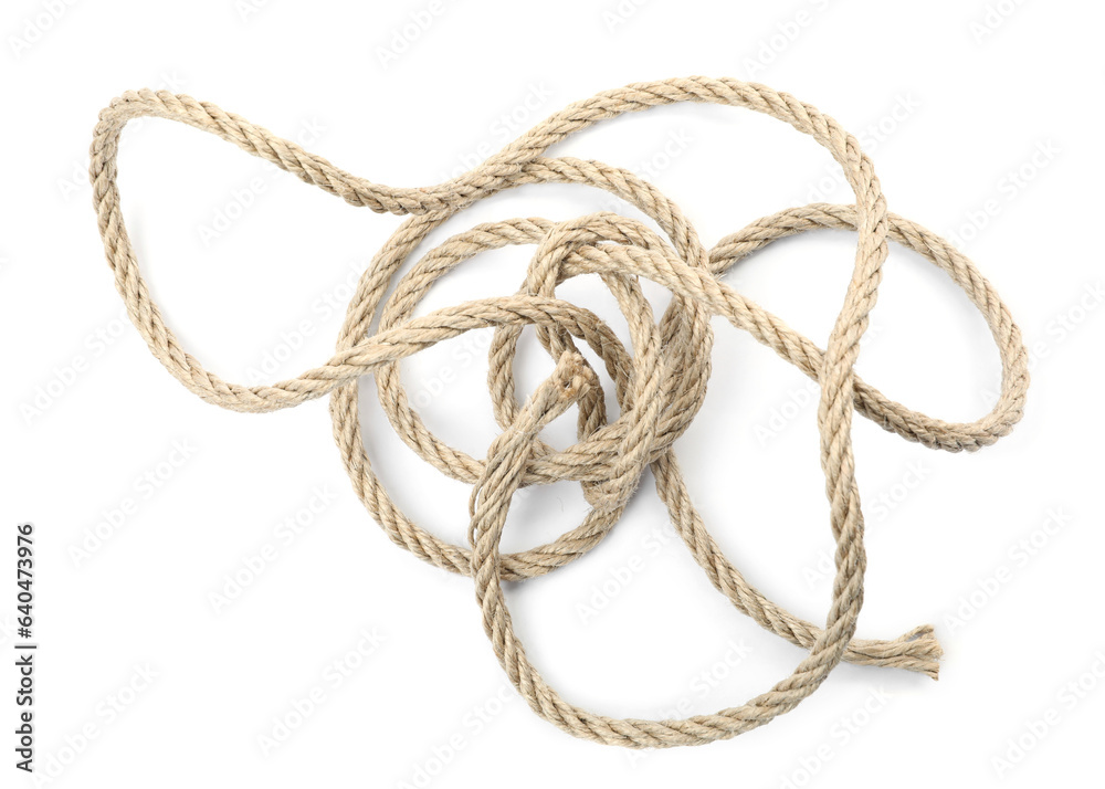 Hemp rope isolated on white, top view