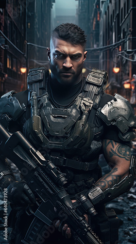 a soldier holding a rifle, special forces, futuristic, ruined city background.