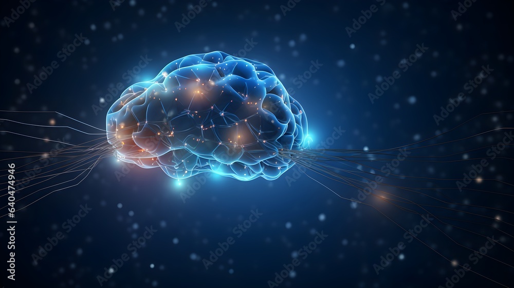 3D Rendered Human Brain, Nervous system in the human brain powered by artificial intelligence, Brain digital transformation, and AI with future and the 3D human mind and tech with the digital world 