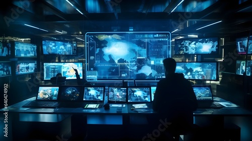 Futuristic Scene of High-Tech Cybersecurity Office, Cybersecurity Expert Working in a Futuristic High-Tech Office