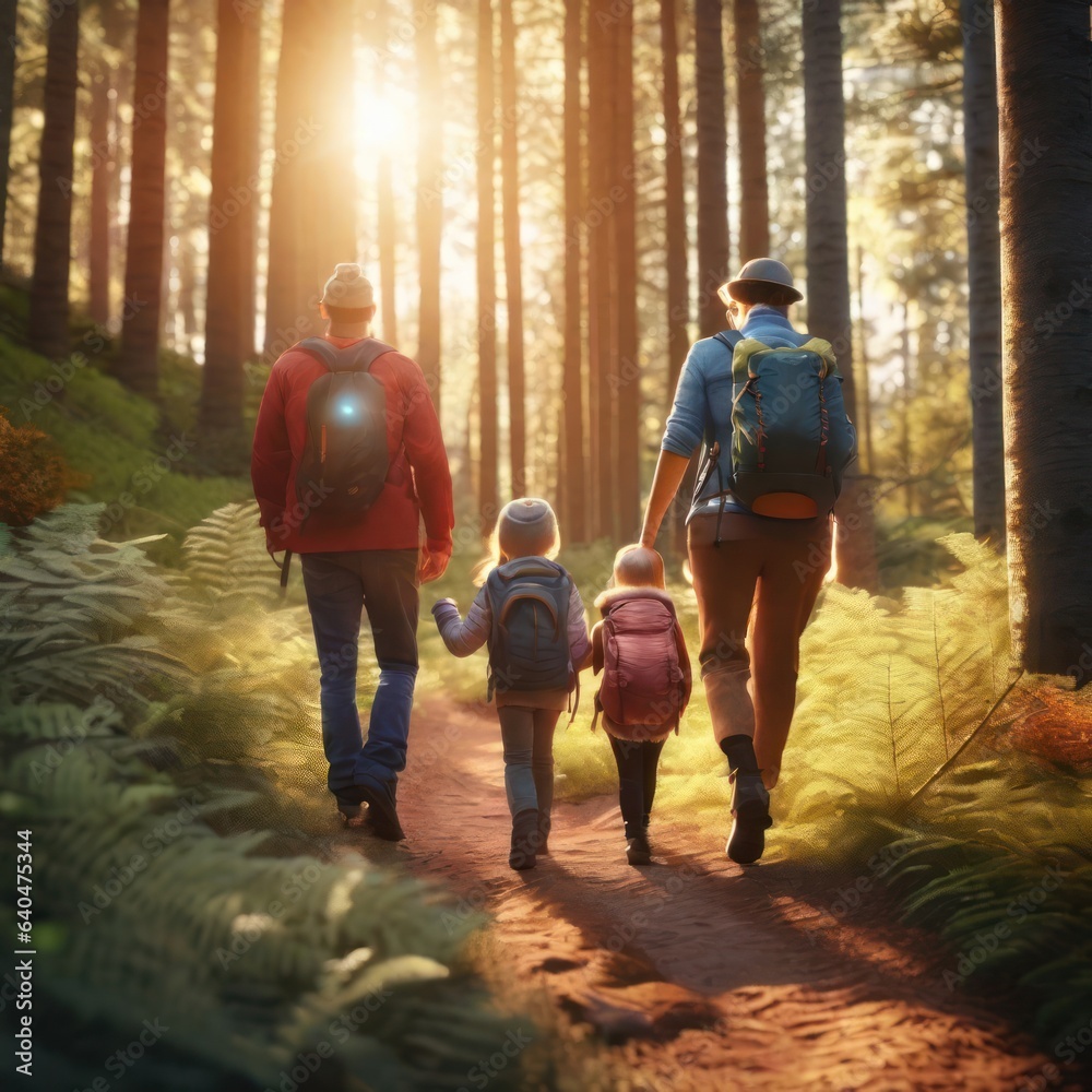Obraz premium Behind the scenes of a family doing hiking activities in the bright summer.Generative AI