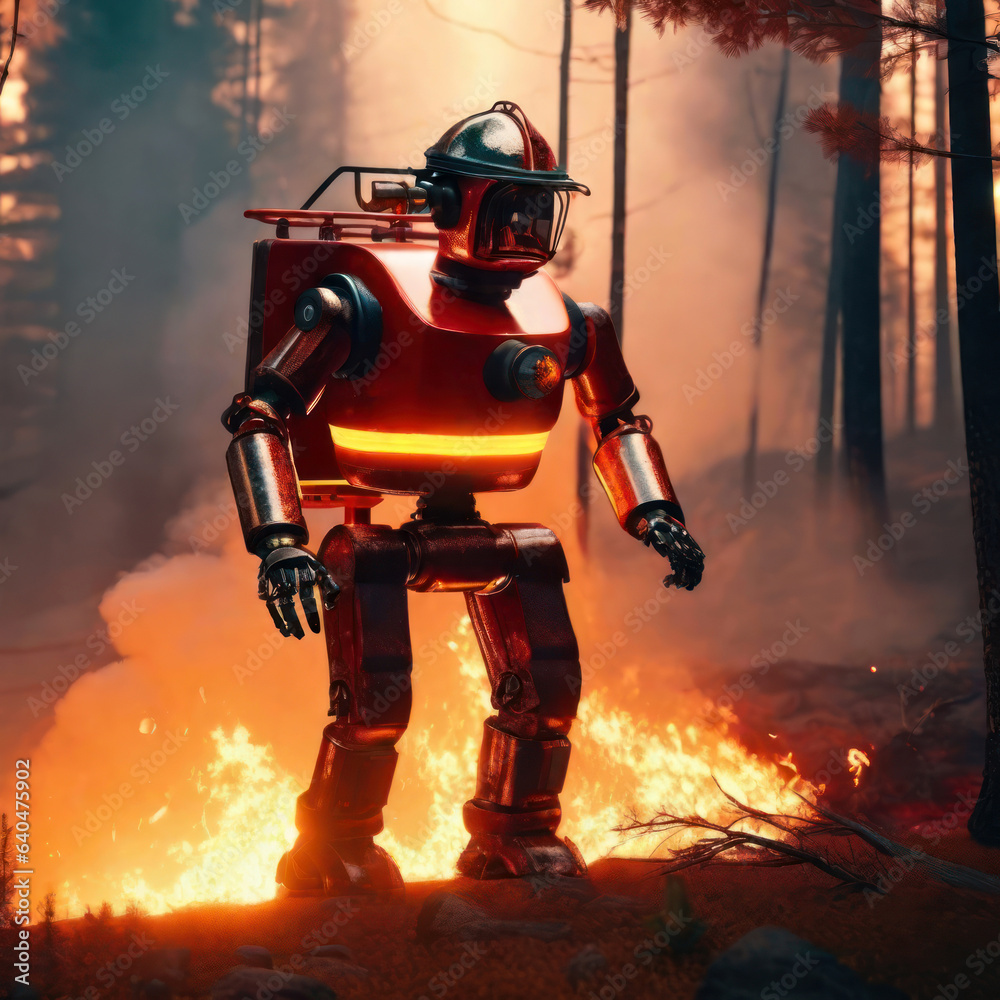 Intelligent AI robots extinguish forest fires in raging forest areas, the AI robot concept mimics human activities.generative AI Intelligent AI robots extinguish forest fires in raging forest areas, the AI robot concept mimics human activities.generative AI