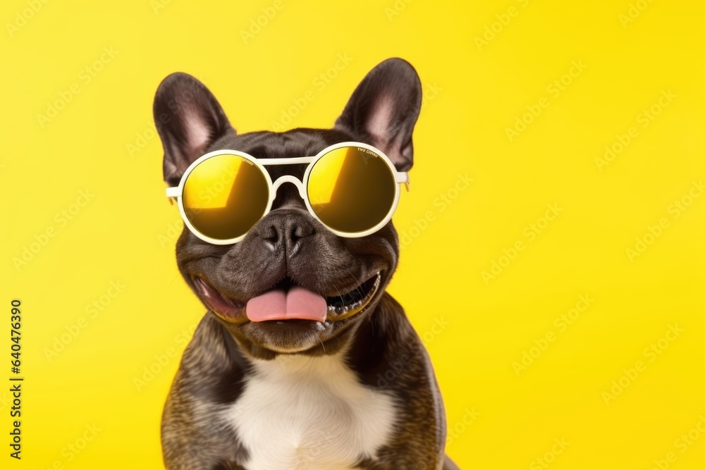 Close portrait of black french bulldog dog in fashion sunglasses. Funny pet on bright yellow background. Puppy in eyeglass. Fashion, style, cool animal concept with copy space	