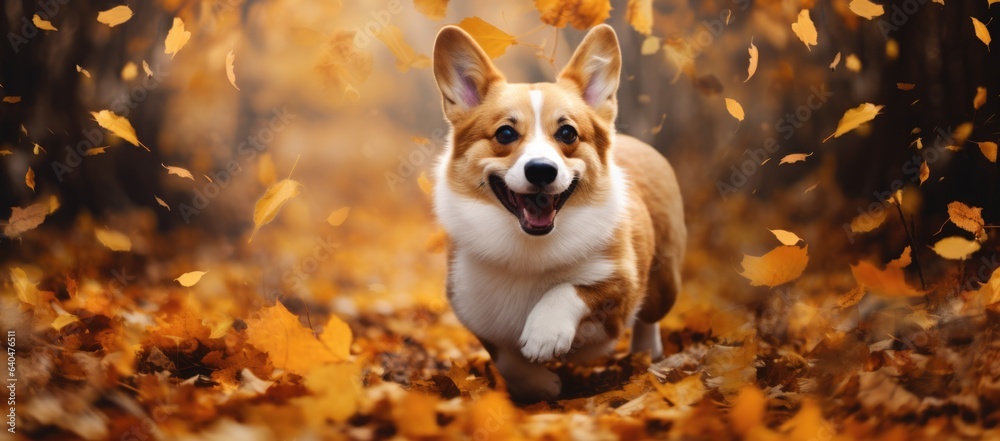 Cute welsh corgi pembroke running outdoor in autumn park. Happy smiling dog. Banner with funny pet Cute welsh corgi pembroke running outdoor in autumn park. Happy smiling dog. Banner with funny pet