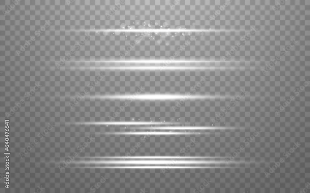 Glow lines. Silver beams set. Horizontal shiny flashes. White light lines collection. Abstract lens flares. Glowing laser beams. White rays effect. Vector illustration