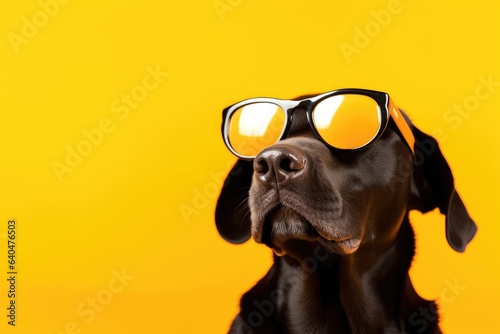 Close portrait of black retriever dog in fashion sunglasses. Funny pet on bright yellow background. Puppy in eyeglass. Fashion, style, cool animal concept with copy space © ratatosk