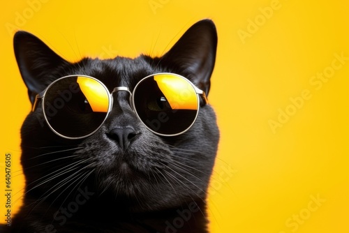 Closeup portrait of black british furry cat in fashion sunglasses. Funny pet on bright yellow background. Kitten in eyeglass. Fashion, style, cool animal concept with copy space © ratatosk