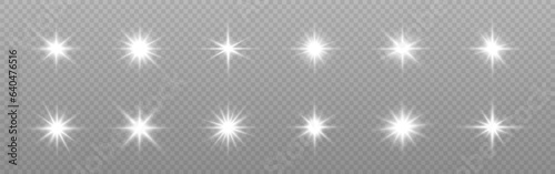 Glowing stars. Silver flares collection. Magic white bursts. Bright explosions on transparent backdrop. Christmas light particles. Beautiful sparks. Vector illustration