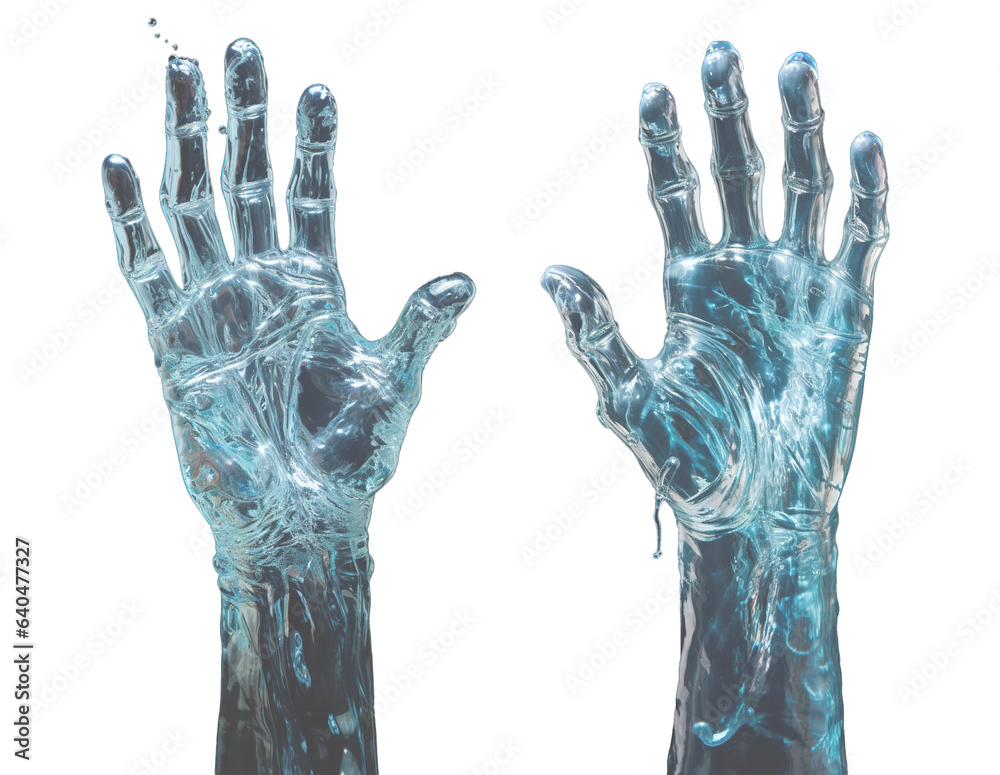 Two human hands made of water over isolated transparent background