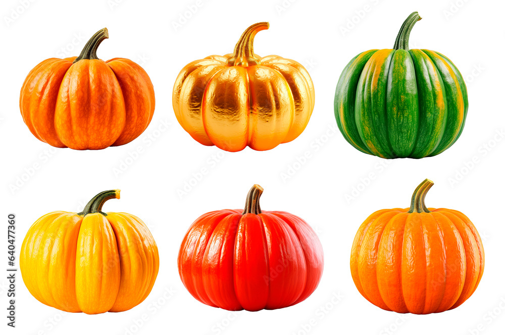 Six different varieties of festive thanksgiving pumpkins over isolated transparent background