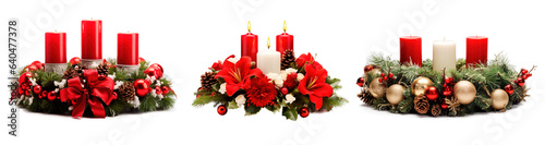 Set of three advent wreaths for Christmas table over isolated transparent background