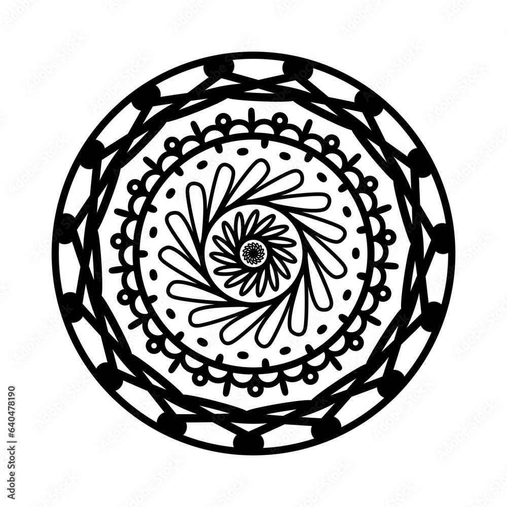 Simple mandala with monochrome color, beautiful line shape doodle  that that inspired by wheel and flower, snowflake 