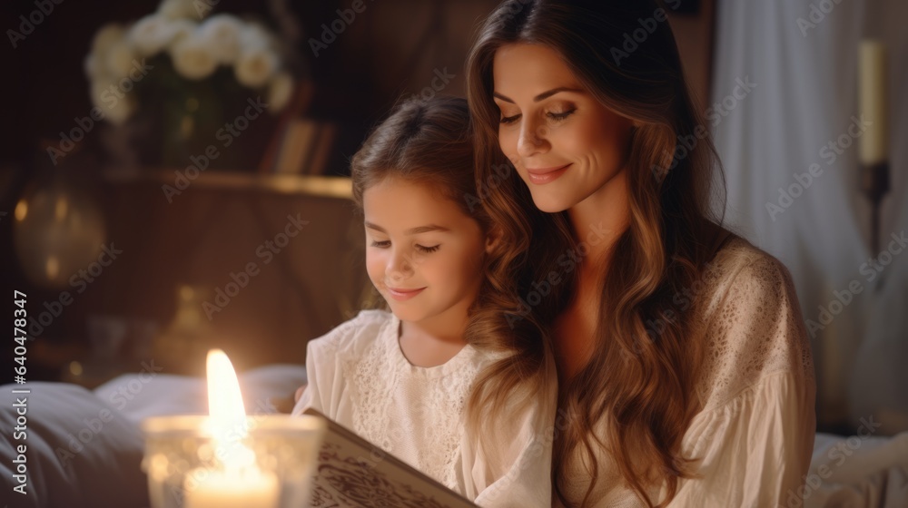 Happy mother and her kid are reading for relax at home.