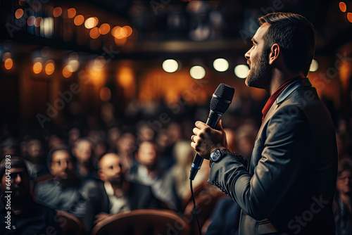 Stand up comedian on stage. Mid age man talks joke into microphone.