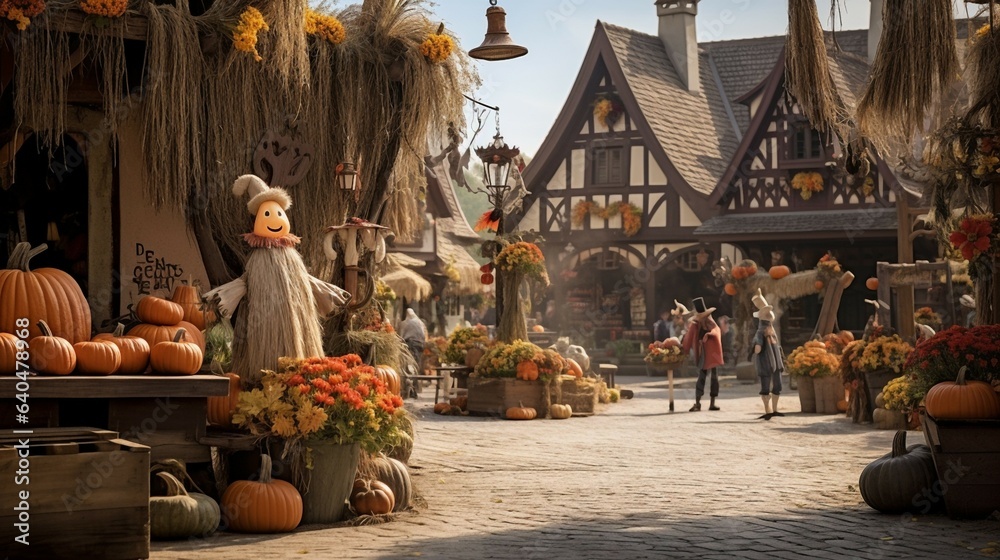  charming village square adorned with scarecrows and Halloween pumpkins