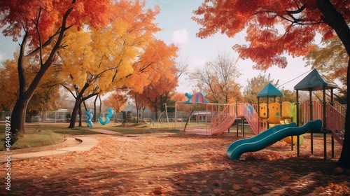 A children's playground with swings and slides in Autumn