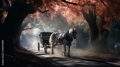 A horse-drawn carriage meandering through a tree-lined road