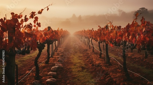 A mist-covered vineyard