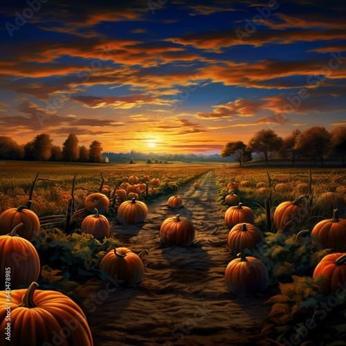 A pumpkin patch at sunset