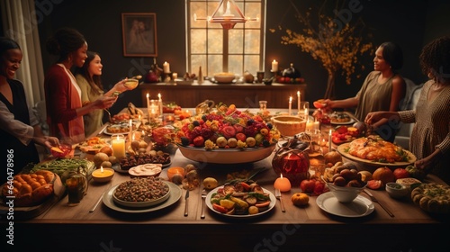 A traditional Thanksgiving table adorned with an array of autumn dishes