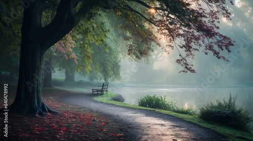 A misty morning scene in a tranquil park