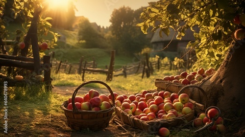A rustic apple orchard where baskets overflow with ripe apples