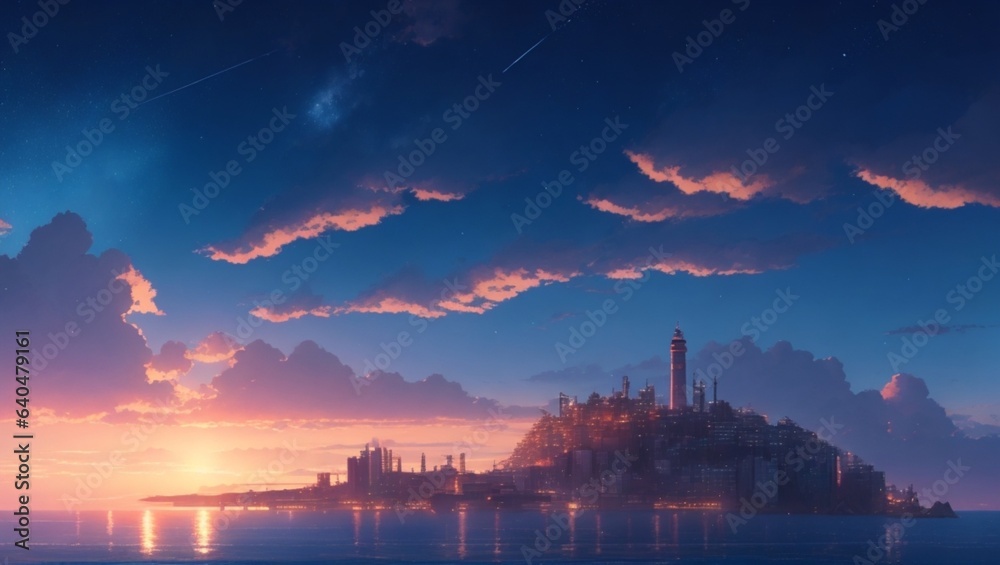 anime landscape, with starry sky, clouds, lake and mountain in the background