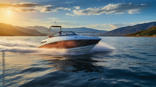 Speedboat leaving trails on glistening waters 