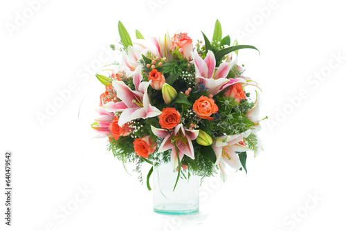 Fototapeta Naklejka Na Ścianę i Meble -  Many kinds of beautiful flowers put in vase on a white background