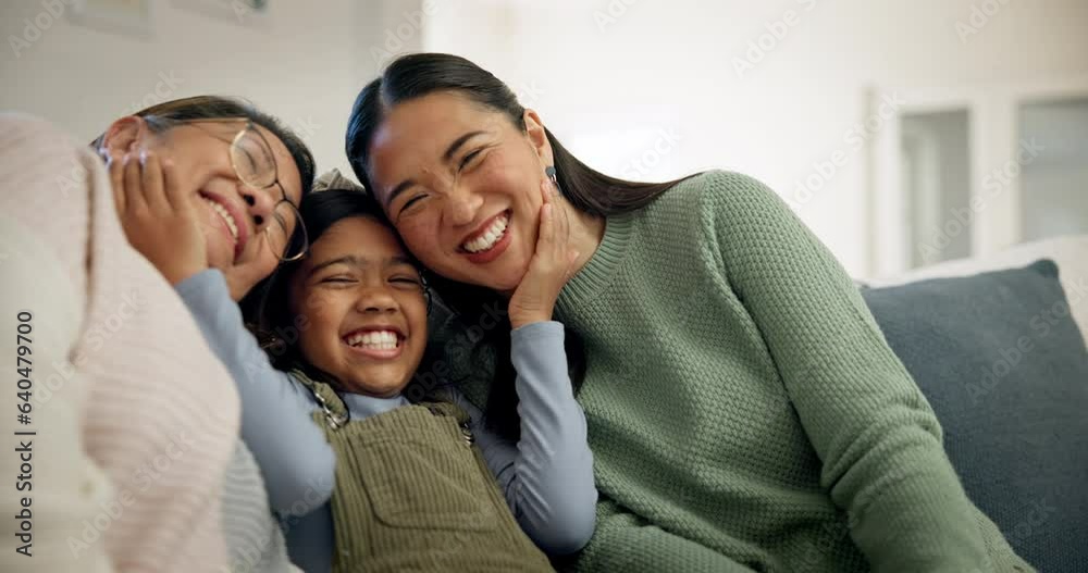 Love, bond and happy child, mother and grandma connect, care and smile for motherhood, childhood and home memory. Lounge, happiness and generation of youth kid, mom and grandmother relax on couch Love, bond and happy child, mother and grandma connect, care and smile for motherhood, childhood and home memory. Lounge, happiness and generation of youth kid, mom and grandmother relax on couch