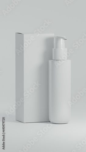 Realistic dispenser bottle mockup with packaging box and editable label on a white background as 3d rendering.