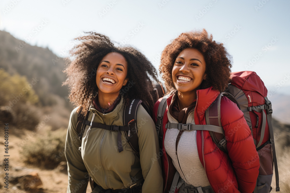 Beautiful young black women enjoying a hike in the mountains. 