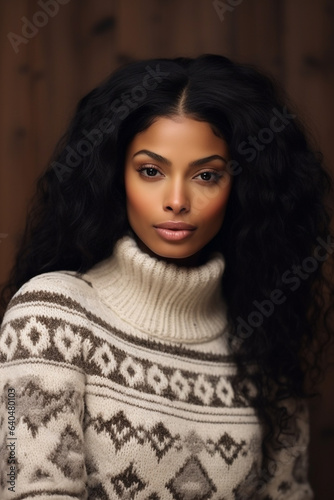 Beautiful young african american woman in a nordic style sweater. 