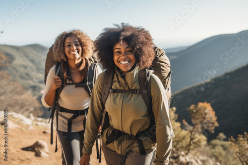 Beautiful young black women enjoying a hike in the mountains. 